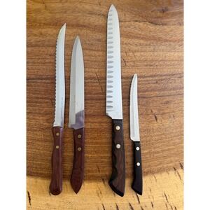 Vintage Ekco Flint Eterna Knife 4pc Stainless Wood Handle USA Slicer Serrated